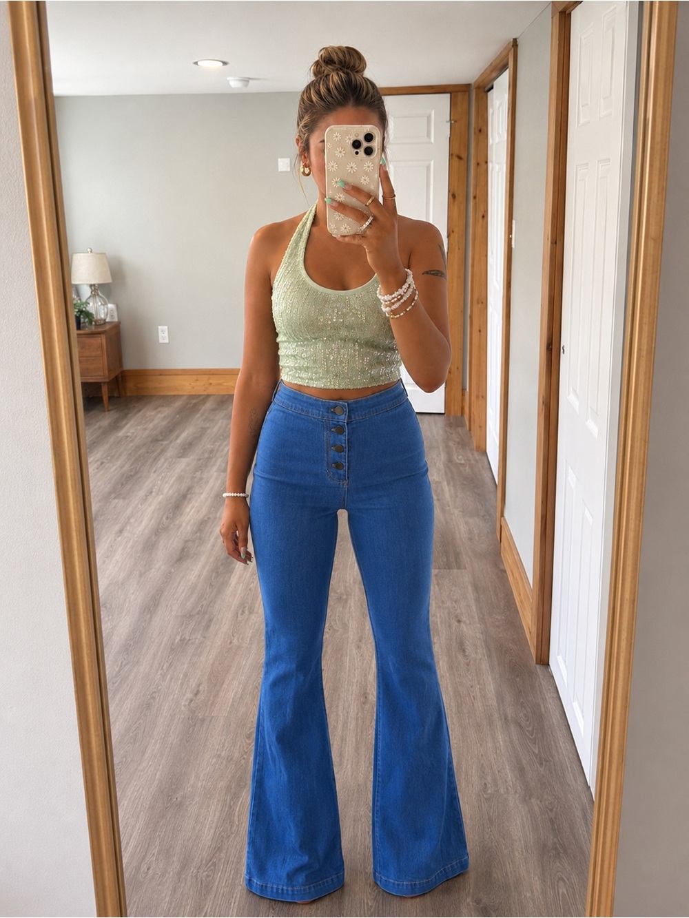 American Apparel High Waist Y2K Bell Bottom Button Flare Blue Jeans Womens 26